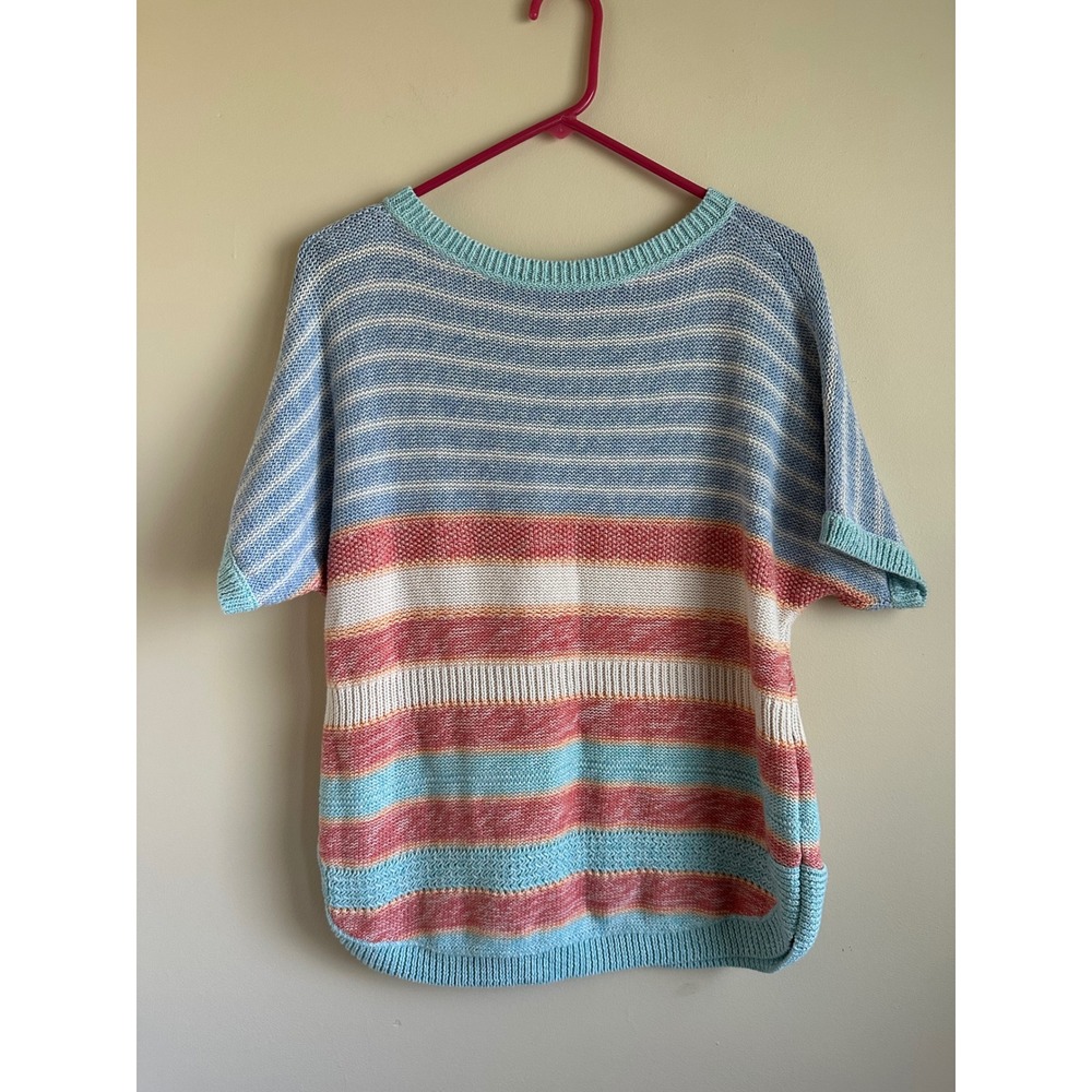 Chaps Womens Multi Color Striped Short Sleeve Knit Sweater Top Size M #0073
